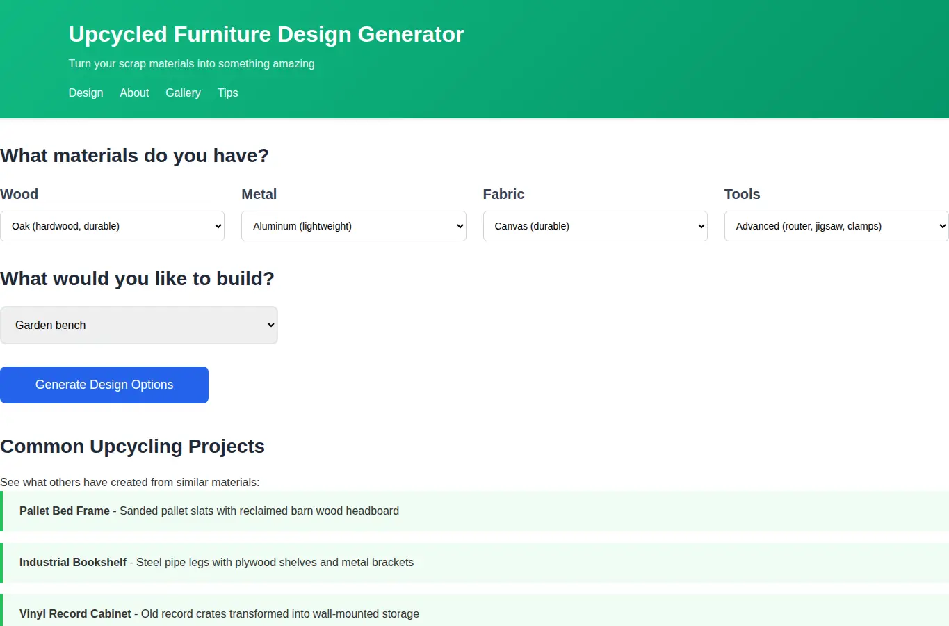 Screenshot of Upcycled Furniture Design Generator interface showing the project page in use